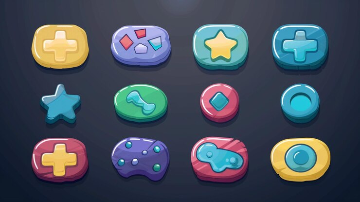 Vector un conjunto de controladores de juego coloridos con un botón azul y un botón verde