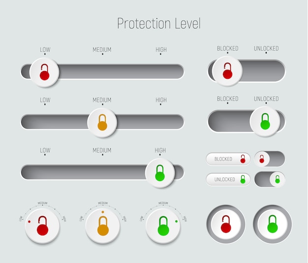 Vector conjunto de controles deslizantes, botones e interruptores.