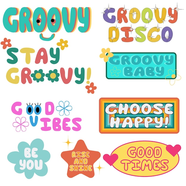 Conjunto de Cool Groovy Stickers Vector Design Colección de lindos parches