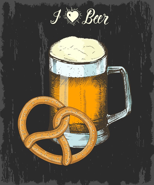Conjunto con copa de cerveza y pretzel dibujados a mano. Letras hechas a mano. Bosquejo. Objetos Oktoberfest