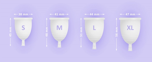 Conjunto de copa de menstruación femenina. Diferentes tamaños de copas S, M, L, XL. Cuidado menstrual de la mujer.
