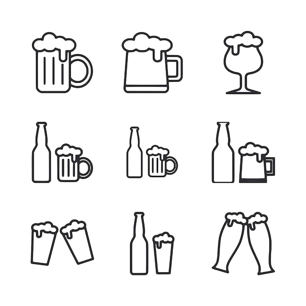 Un conjunto de copas y botellas de cerveza y vino