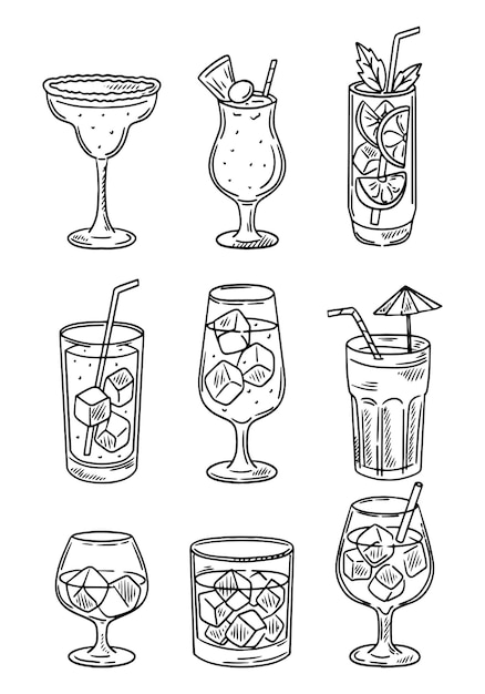 Conjunto de copas de cóctel vectorial Bloody Mary Pina Colada Mojito Margarita Daiquiri Mimosa Isla larga