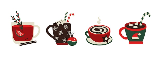 Conjunto de copas de Navidad y Año Nuevo aisladas con café, té y vino caliente