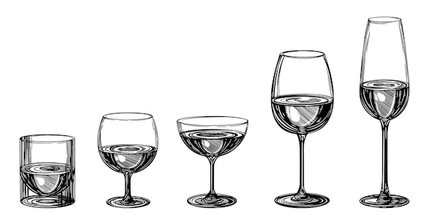 Conjunto de copas de vino Ilustración aislada de tinta negra vectorial en estilo de línea de boceto