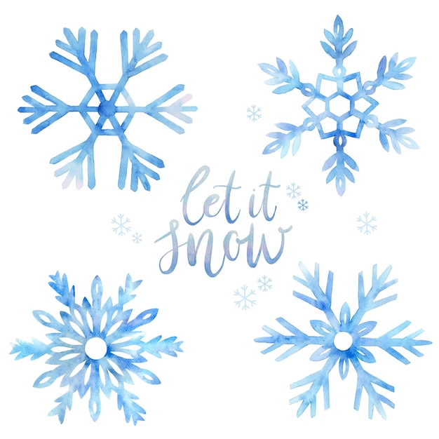Conjunto de copos de nieve de acuarela azul pintados a mano con Let it Snow escrito a mano.
