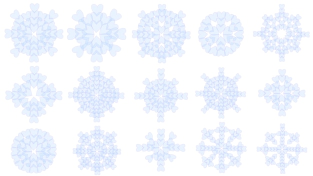 Conjunto de copos de nieve azules hechos de corazones colección de diferentes copos de neve creativos de invierno