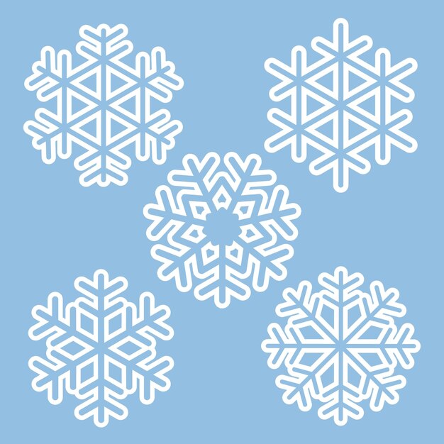 Conjunto de copos de nieve blancos. Iconos de nieve aislados sobre fondo azul. Contorno blanco para pegatinas de superficie.