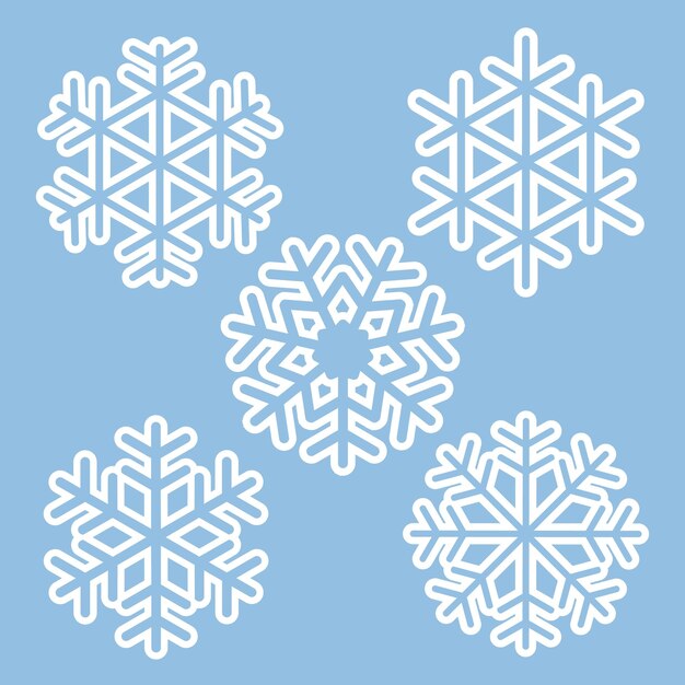 Vector conjunto de copos de nieve blancos. iconos de nieve aislados sobre fondo azul. contorno blanco para pegatinas de superficie.