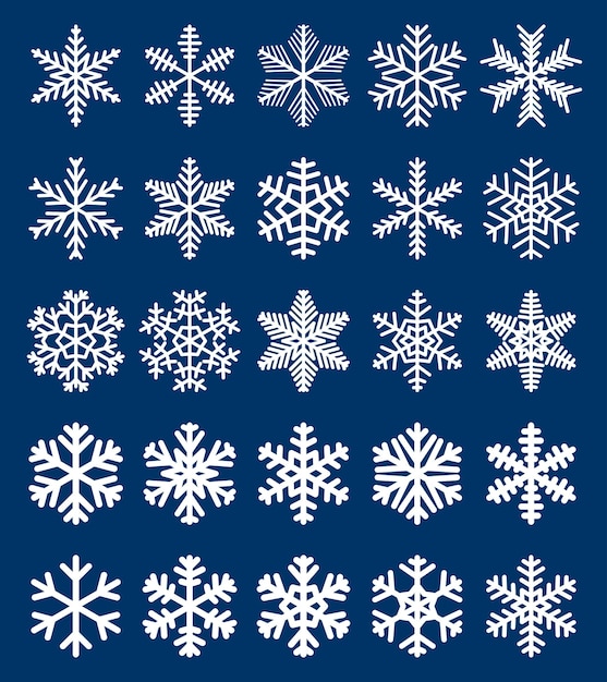 Conjunto de copos de nieve blancos sobre fondo azul