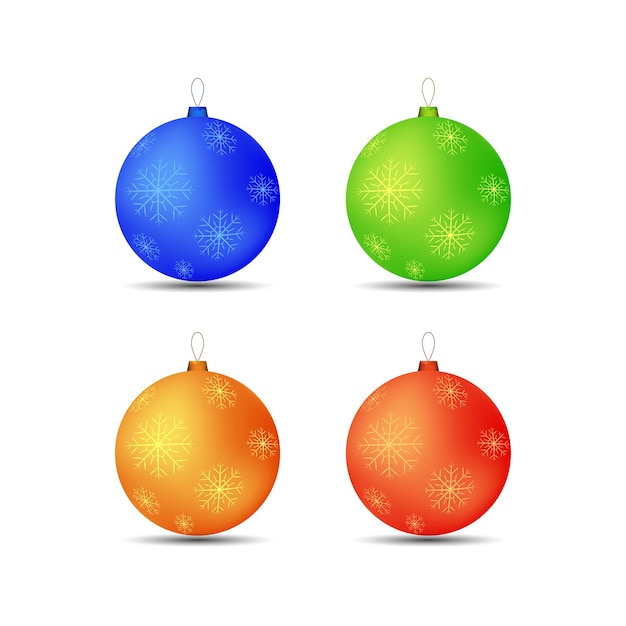 Vector conjunto de copos de nieve de bolas de juguetes de navidad en diferentes colores.