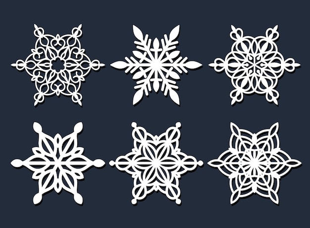 Conjunto de copos de nieve calados de corte por láser. Silueta de vector de decoración de Navidad