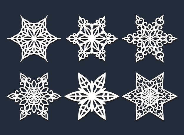 Conjunto de copos de nieve calados de corte por láser. Silueta de vector de decoración de Navidad