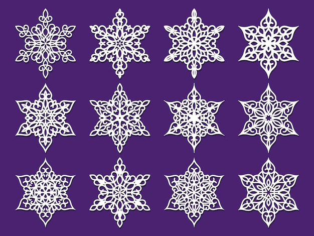 Conjunto de copos de nieve calados de corte por láser. Silueta de vector de decoración de Navidad