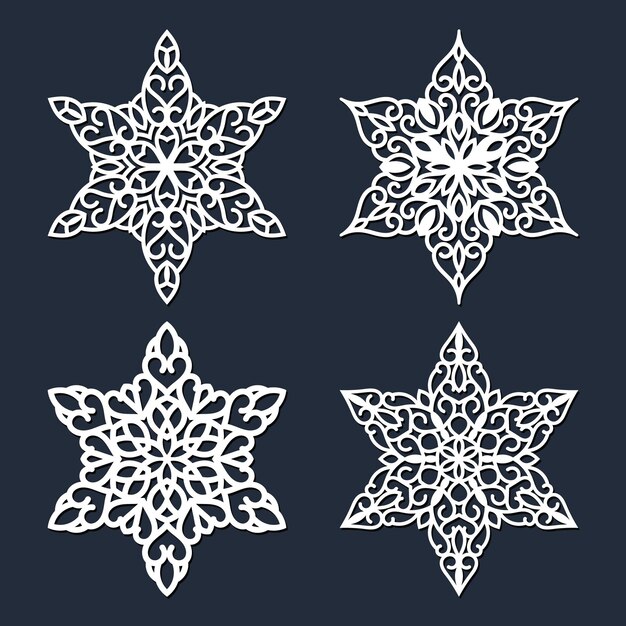 Conjunto de copos de nieve calados de corte por láser. Silueta de vector de decoración de Navidad