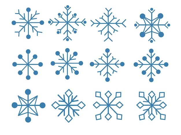 Conjunto de copos de nieve Colección de invierno de azul aislado doce iconos sobre fondo blanco Vector plano