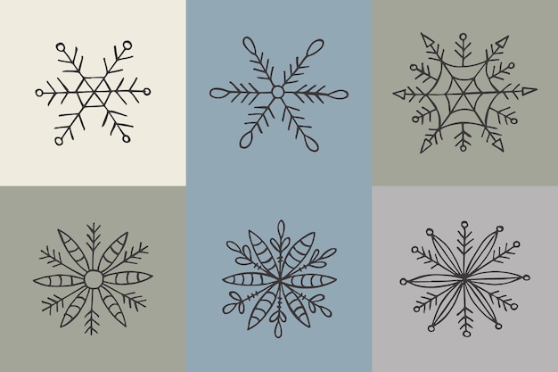 Un conjunto de copos de nieve dibujados a mano Ilustración vectorial en estilo garabato Estado de ánimo de invierno Hola 2023 Feliz Navidad y Feliz Año Nuevo Elementos grises sobre un fondo gris
