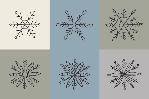 Vector un conjunto de copos de nieve dibujados a mano ilustración vectorial en estilo garabato estado de ánimo de invierno hola 2023 feliz navidad y feliz año nuevo elementos grises sobre un fondo gris