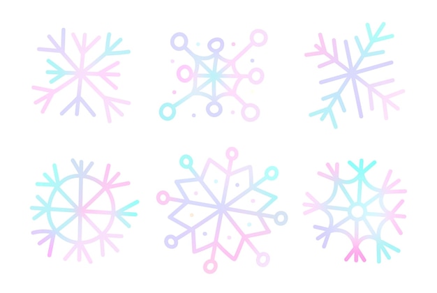 Conjunto de copos de nieve dibujados a mano neón holográficos copos de Nieve con diferentes patrones cristales gradientes