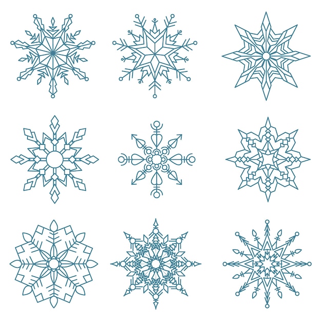 Vector conjunto de copos de nieve de diferentes formas geométricas decoraciones para el año nuevo vector de color azul grisáceo