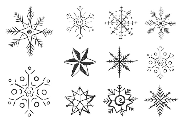 Conjunto de copos de nieve en doodle para diseño de invierno copo de nieve dibujado a mano garabato de navidad de navidad