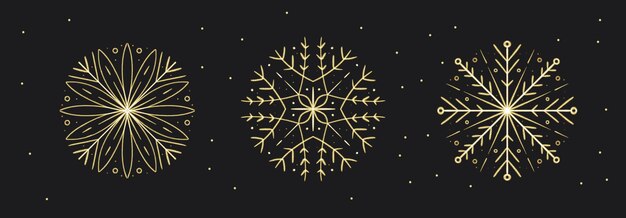 Conjunto de copos de nieve dorados dibujados a mano con pinceladas para el diseño navideño