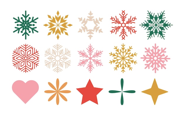 Conjunto de copos de nieve e íconos navideños Diseño vectorial de invierno navideño