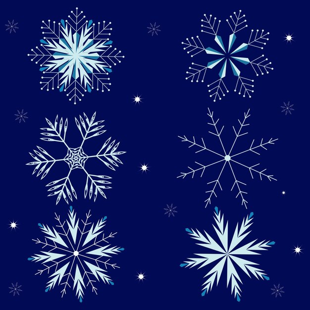 Conjunto de copos de nieve en fondo azul nocturno elemento gráfico vectorial