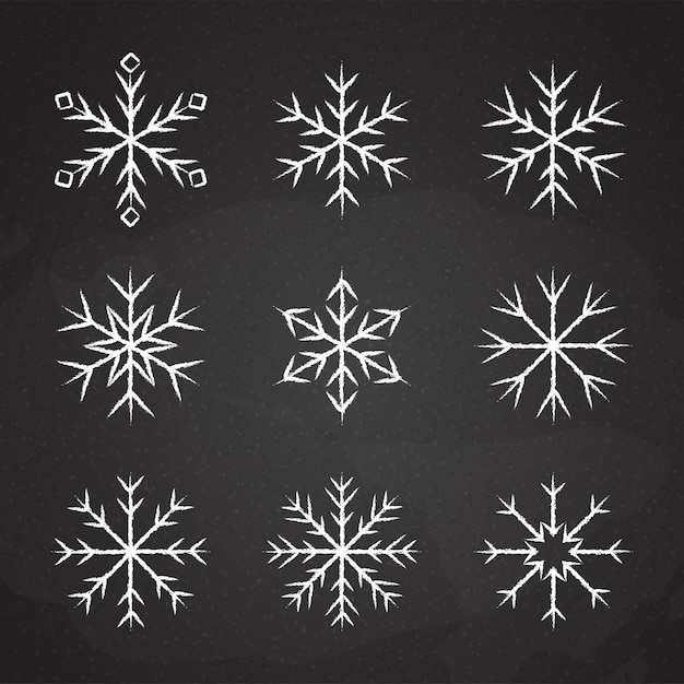 Conjunto de copos de nieve helados símbolo ilustración vectorial boceto de tiza blanca copo de nieve congelado aislado en