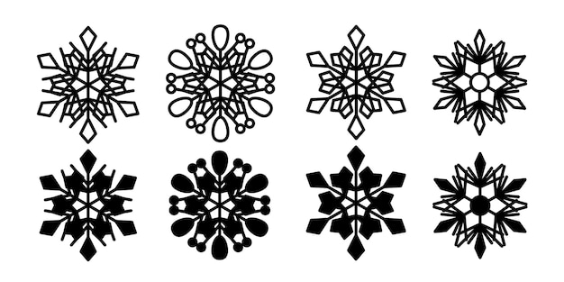 Conjunto de copos de nieve Iconos planos negros aislados sobre fondo blanco