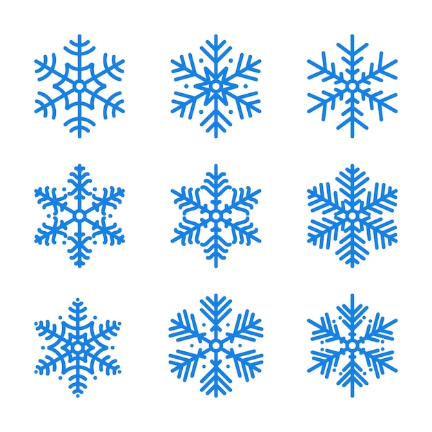 Conjunto de copos de nieve ilustración vectorial de invierno en estilo plano. copos de nieve azules aislados en blanco