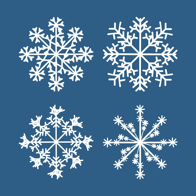 Conjunto de copos de nieve de invierno de silueta de icono aislado blanco sobre fondo azul