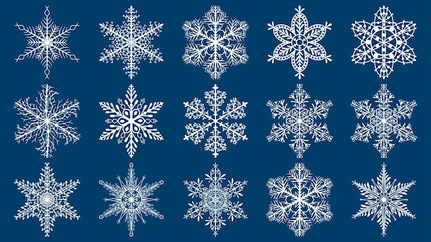 Conjunto de copos de nieve de Navidad blancos sobre fondo azul.