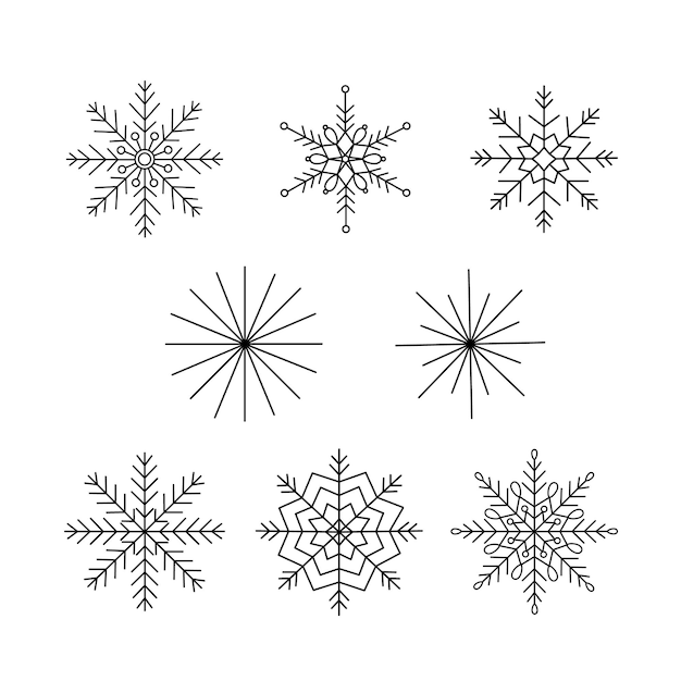 Conjunto de copos de nieve Navidad garabato simple lineal vacaciones de invierno elementos de Año Nuevo para las estaciones saludos
