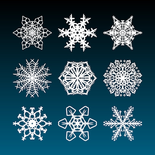 Vector conjunto de copos de nieve navideños con estrellas de nieve complicadas hermosas y filigranadas dibujadas a mano para adornos navideños