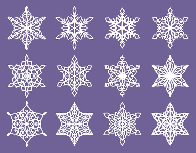 Conjunto de copos de nieve. Patrón de corte láser para tarjetas de papel de navidad, elementos de diseño, scrapbooking.