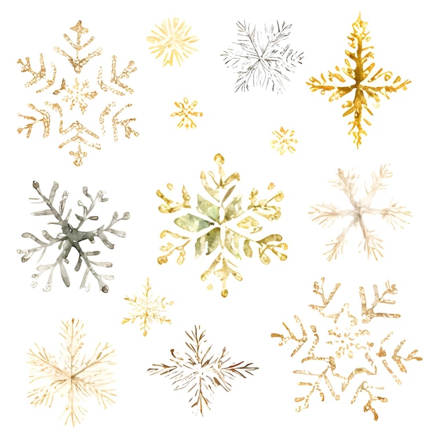 Conjunto de copos de nieve de plata dorada acuarela Elementos de imágenes prediseñadas aislados sobre fondo blanco Ilustración vectorial