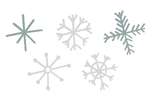 Conjunto de copos de nieve texturizados dibujados a mano ilustración vectorial plana aislada sobre fondo blanco Invierno