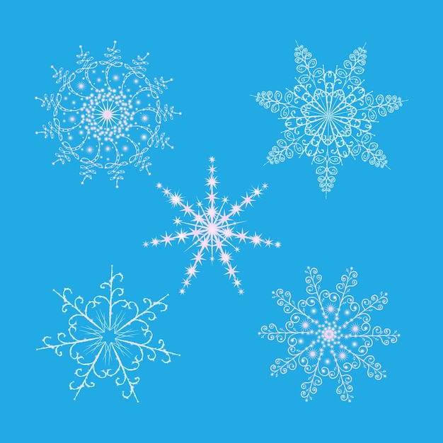 Vector conjunto de copos de nieve vectoriales elementos aislados de invierno de diseño de dekor sobre fondo azul