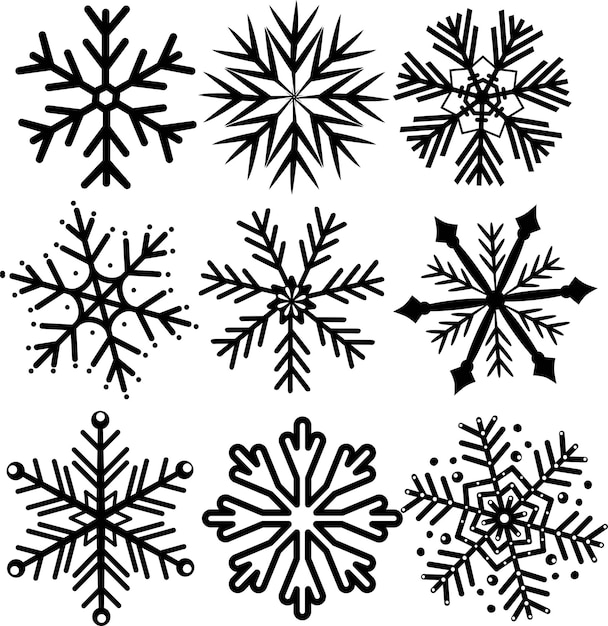Conjunto de copos de nieve vectoriales figuras aisladas de copos de nieve navideños sobre un fondo blanco