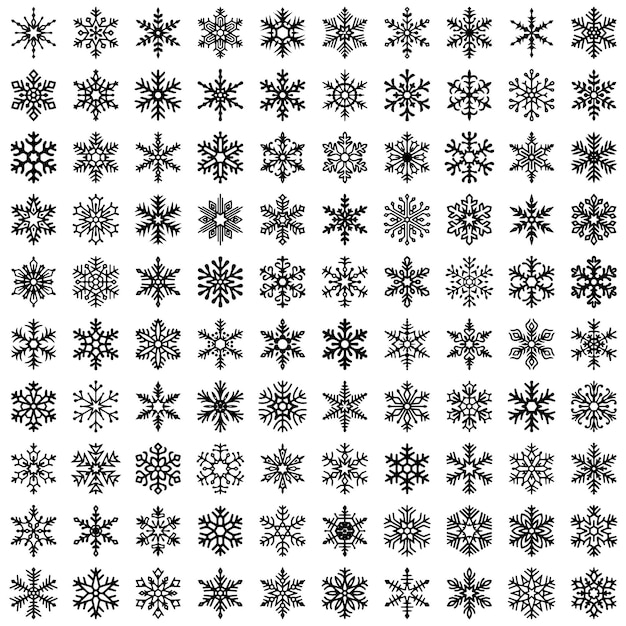 Conjunto de copos de nieve vectoriales Ilustración vectorial de líneas Elementos de diseño aislados en negro sobre fondo blanco