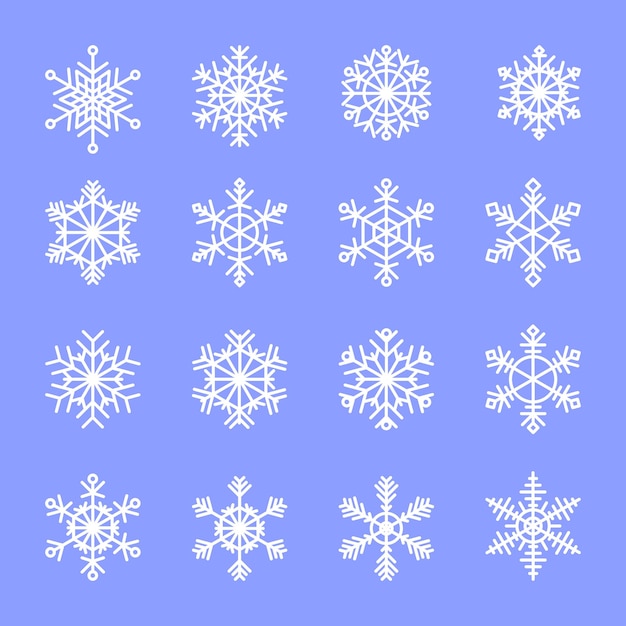 Conjunto de copos de nieve vectoriales de seis puntas geométricas caladas elegantes. decoración, elementos de diseño para tarjetas de felicitación de feliz navidad, feliz año nuevo. ilustración para volante, folleto, folleto y sitio web.