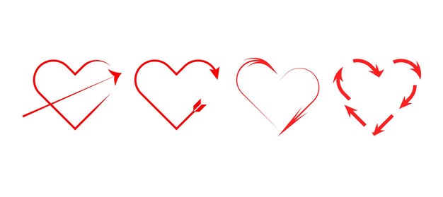 conjunto de corazón amor romance flechas o día de San Valentín icono vectorial rojo para aplicaciones y sitios web