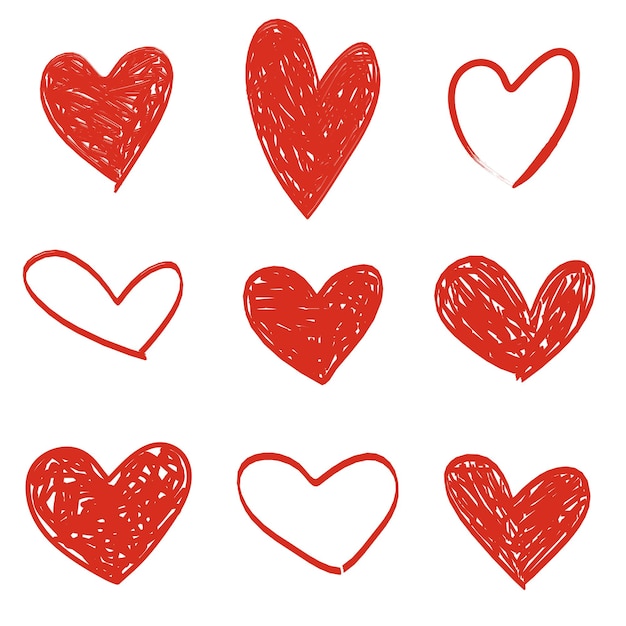 Conjunto de corazón dibujado a mano aislado en blanco vector de símbolo romántico y de amor