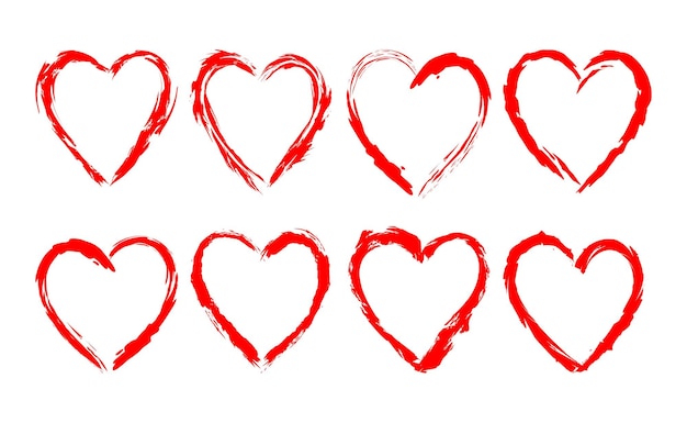conjunto de corazón rojo. Corazones pintados de trazos de pincel grunge