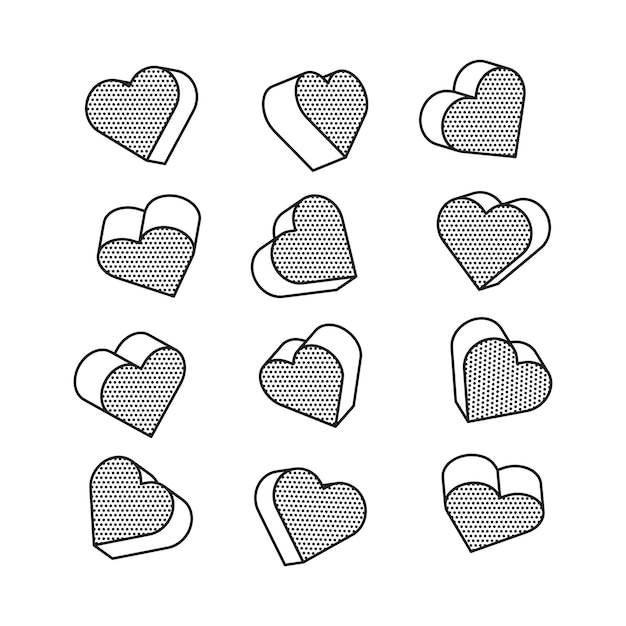 Conjunto de corazones 3d isométricos en estilo pop art,