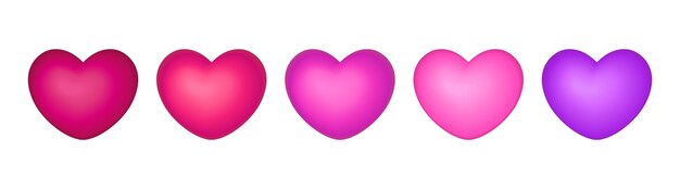 Conjunto de corazones 3D rojos, rosados y púrpuras aislados sobre un fondo blanco