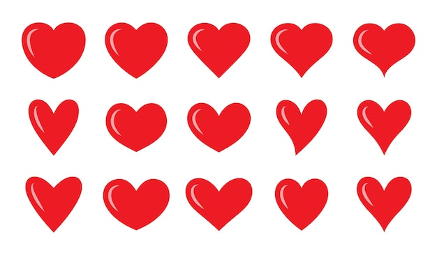 Conjunto de corazones brillantes de color rojo aislados sobre un fondo blanco