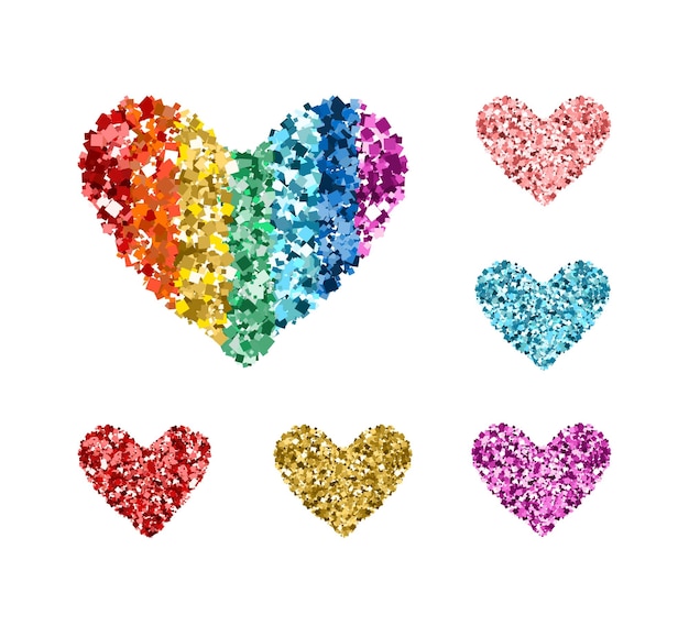Conjunto de corazones brillantes de colores Iconos con colores del arco iris pañuelos brillantes en blanco