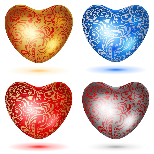 Conjunto de corazones brillantes con rizos en varios colores.